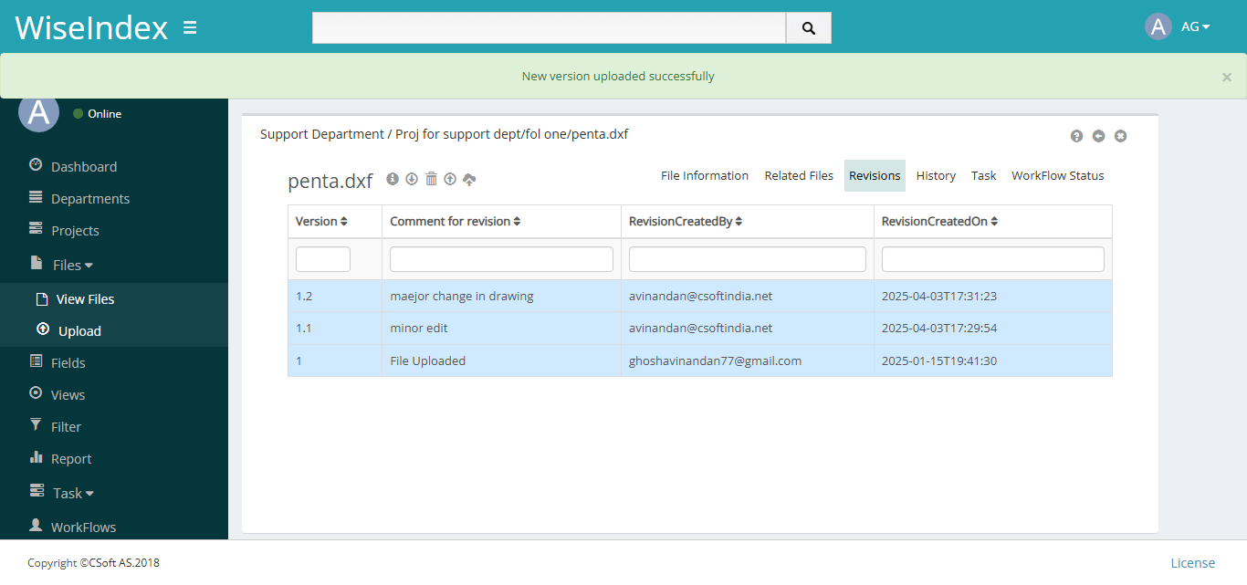 WiseINDEX version control and revision history management interface