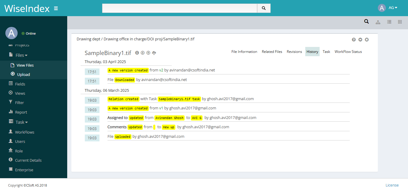 WiseINDEX audit trail showing document activity history